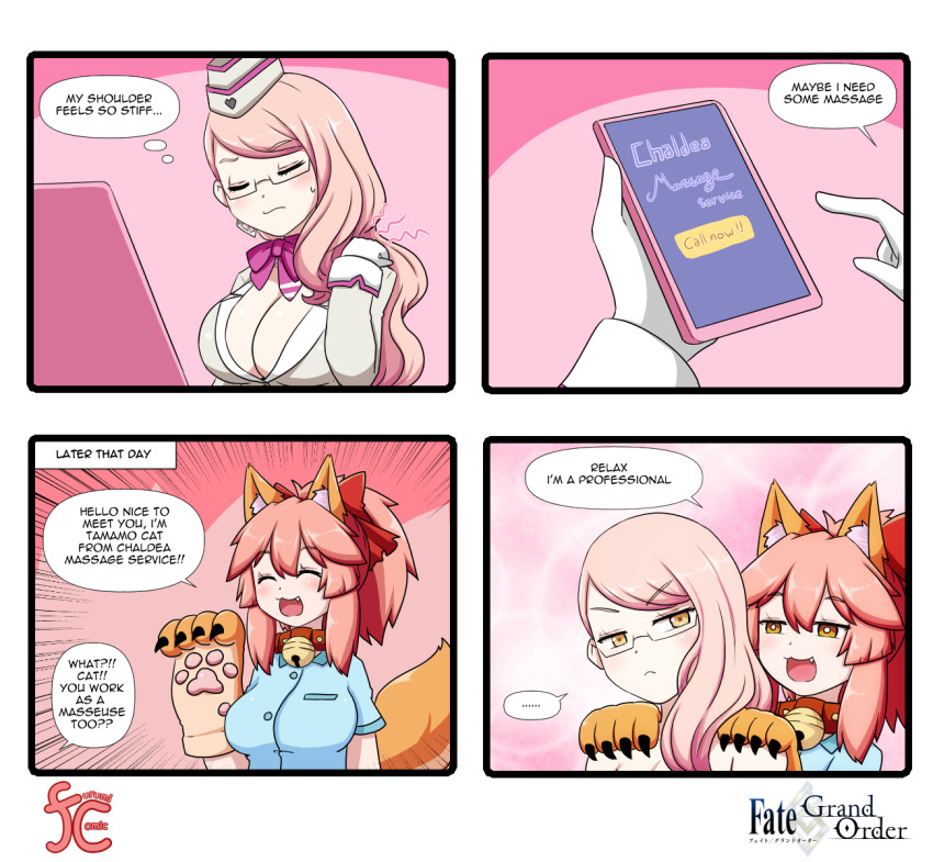 &gt;:( 2girls 4koma :&lt; animal_ear_fluff animal_ears animal_hands bell blush breasts cat_paws cellphone choker cleavage closed_eyes closed_mouth collar comic earrings english_text fate/grand_order fate_(series) fox_ears fox_girl fox_tail garrison_cap glasses gloves grey-framed_eyewear hair_ribbon hat highres jacket jewelry jingle_bell keita_naruzawa koyanskaya_(fate) koyanskaya_(foreigner)_(first_ascension)_(fate) large_breasts long_hair multiple_girls neck_bell open_mouth paw_gloves phone pink_hair pink_scarf ponytail red_ribbon ribbon ribbon_choker scarf sleeve_cuffs smartphone speech_bubble square_4koma tail tamamo_(fate) tamamo_cat_(fate) v-shaped_eyebrows very_long_hair white-framed_eyewear white_gloves white_jacket yellow_eyes