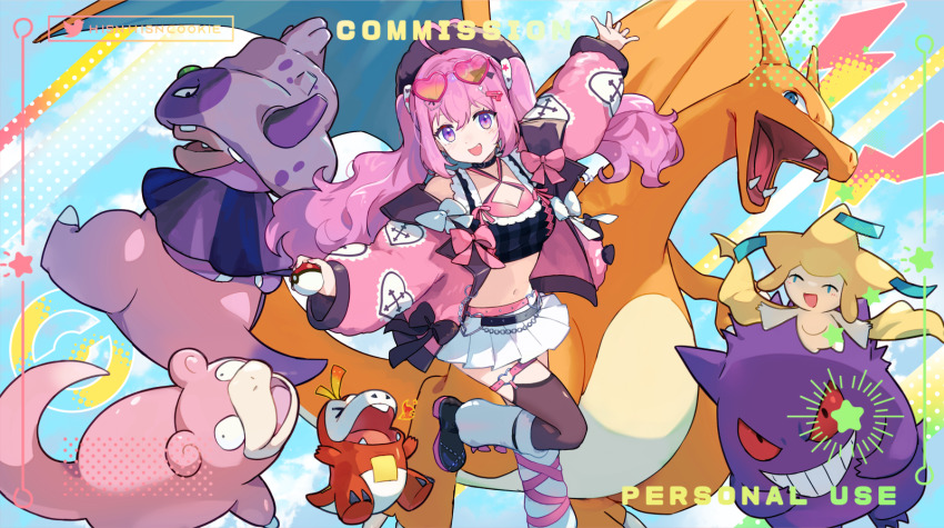 &gt;_&lt; 1girl ahoge belt black_belt black_bow black_shoes blue_eyes blush bow breath_weapon breathing_fire chain charizard commission dragon dragon_wings english_text eyewear_on_head fang fangs fire fuecoco galarian_slowking gen_1_pokemon gen_3_pokemon gengar grin hair_ornament heart heart-shaped_eyewear heart_ahoge heart_print highres hsin jacket jirachi legendary_pokemon lightning_bolt_symbol long_hair long_sleeves multiple_belts mythical_pokemon nintendo open_clothes open_jacket open_mouth original pink-framed_eyewear pink_belt pink_bow pink_hair pink_jacket pixiv_commission pokemon pokemon_(creature) purple_eyes red_eyes shoes skirt slowpoke smile socks standing standing_on_one_leg star_(symbol) teeth tinted_eyewear twintails twitter_logo twitter_username v-shaped_eyes white_bow white_skirt white_socks wings