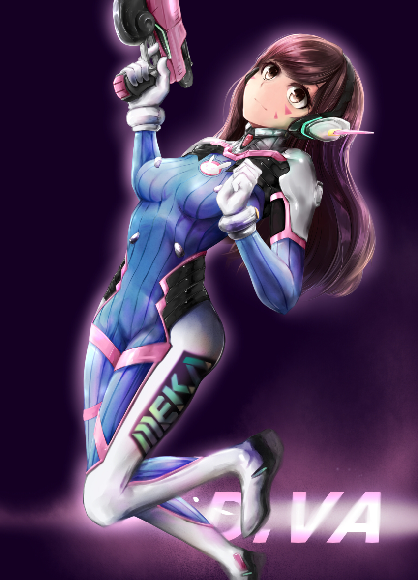 1girl absurdres animal_print armor bad_id bad_pixiv_id bodysuit boots breasts brown_eyes brown_hair character_name d.va_(overwatch) facepaint facial_mark female_focus finger_on_trigger gloves gun handgun headphones high_collar highres holding holding_gun holding_weapon karlhe long_hair mecha_pilot_suit medium_breasts overwatch overwatch_1 rabbit rabbit_print shoulder_pads solo swept_bangs thigh_boots thighhighs turtleneck weapon whisker_markings white_boots white_gloves