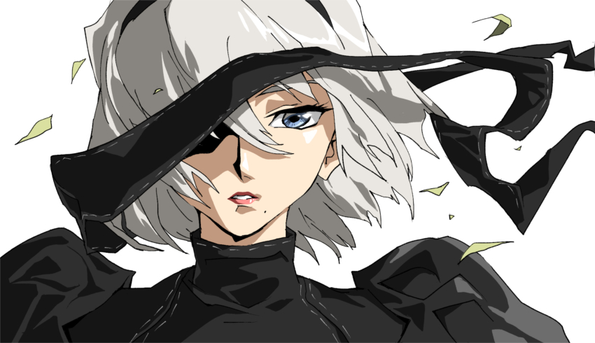 1girl 2b_(nier:automata) black_dress black_hairband blindfold blindfold_lift bob_cut commentary_request dress grey_eyes hairband highres juliet_sleeves lips long_sleeves mole mole_under_mouth nier:automata nier_(series) puffy_sleeves shino_(2919) short_hair solo white_hair wind wind_lift