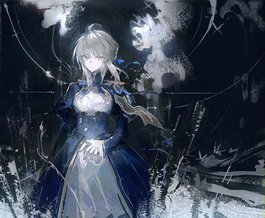 1girl ahoge aona_(ns) artoria_pendragon_(fate) black_background blonde_hair blue_bow blue_bowtie blue_dress blue_eyes bow bowtie braid breasts bug butterfly buttons cleavage_cutout closed_mouth clothing_cutout cowboy_shot dress fate/stay_night fate_(series) hair_between_eyes hair_bow hair_bun insect juliet_sleeves long_sleeves looking_at_viewer mandarin_collar medium_breasts puffy_sleeves saber_(fate) short_hair sidelocks simple_background smile solo standing two-tone_dress weeds white_butterfly white_dress