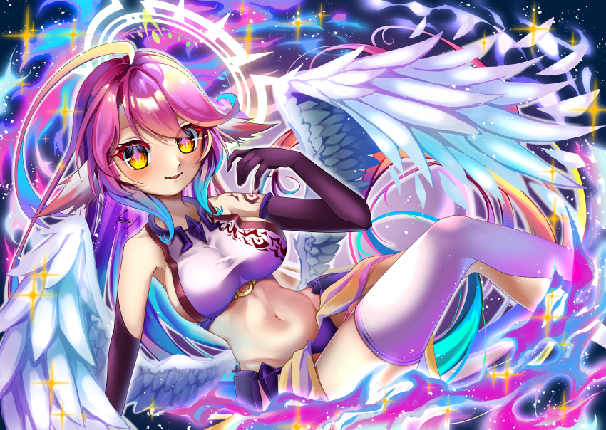 1girl absurdres angel angel_wings armpits asymmetrical_legwear bare_shoulders breasts cape commentary crop_top feathered_wings gloves gradient_eyes gradient_hair groin hair_between_eyes halo hand_up highres jibril_(no_game_no_life) large_breasts long_hair looking_at_viewer low_wings magic_circle midriff multicolored_eyes multicolored_hair navel no_game_no_life parted_lips pink_hair purple_gloves purple_shirt purple_thighhighs shirt sideboob sidelocks signature single_thighhigh skindentation sleeveless sleeveless_shirt smile solo spiked_halo sssshuri328 tattoo thighhighs very_long_hair waist_cape white_wings wing_ears wings yellow_cape yellow_eyes