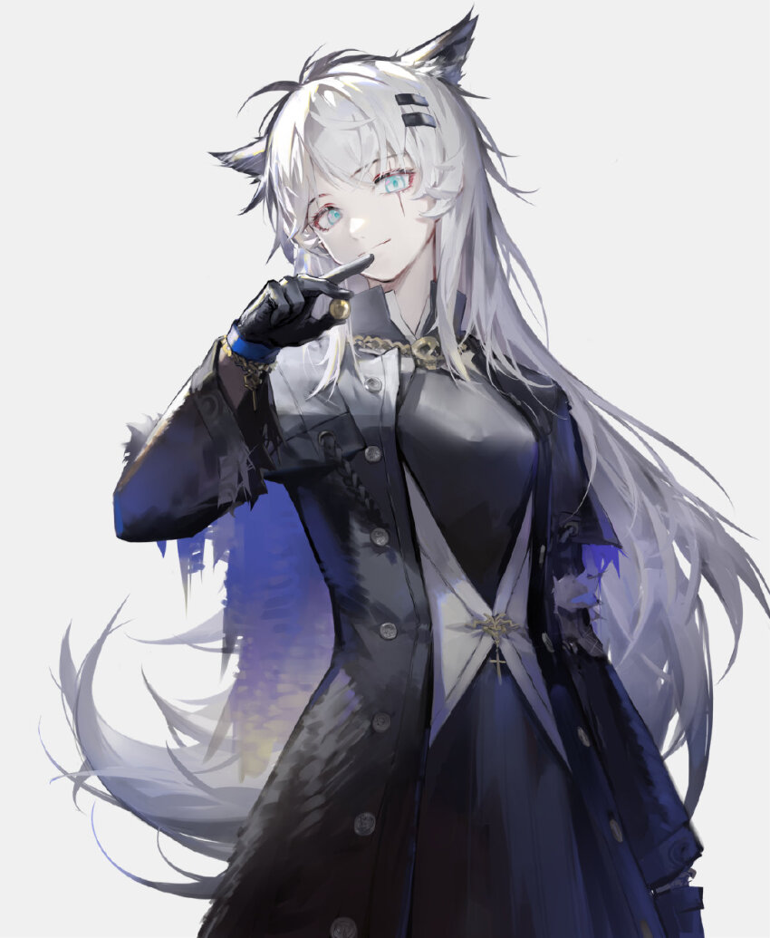 1girl animal_ears arknights black_gloves black_skirt blue_eyes bone coat gloves grey_hair hair_ornament highres huanxiang_heitu lappland_(arknights) lappland_(refined_horrormare)_(arknights) long_hair looking_at_viewer skirt tail