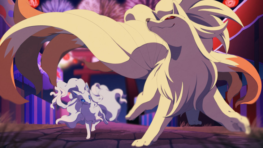 alolan_form alolan_ninetales animal_focus blue_eyes closed_mouth commentary_request fireworks gen_1_pokemon gen_7_pokemon highres kompeito_fox night ninetales nintendo no_humans outdoors pokemon pokemon_(creature) red_eyes running smile