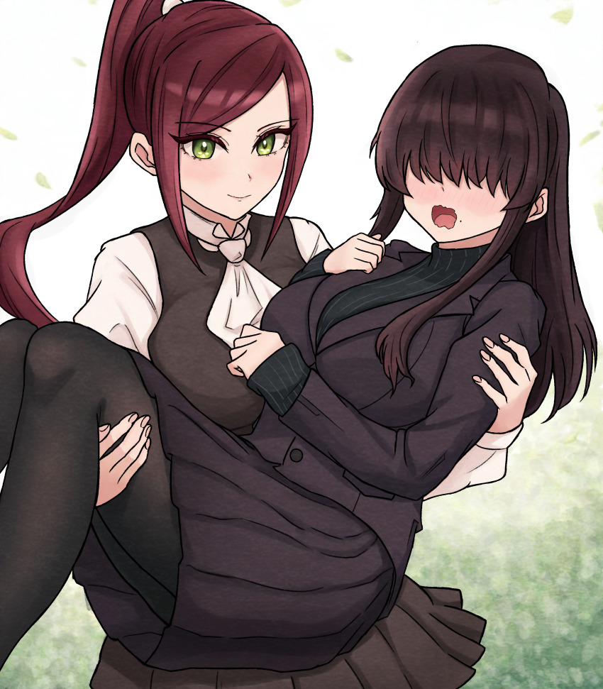 2girls absurdres ascot black_hair black_jacket black_pantyhose black_skirt black_vest blush breasts brown_hair carrying chinese_commentary commentary commentary_request english_commentary falling_leaves female_focus green_eyes hair_over_eyes high_ponytail highres jacket kakure_meme kimi_no_koto_ga_dai_dai_dai_dai_daisuki_na_100-nin_no_kanojo large_breasts leaf long_bangs long_hair long_sleeves mixed-language_commentary mole multiple_girls open_mouth pantyhose pigsir13152 pleated_skirt ponytail princess_carry school_uniform shirt skirt torotoro_kishika vest wavy_mouth white_ascot white_shirt