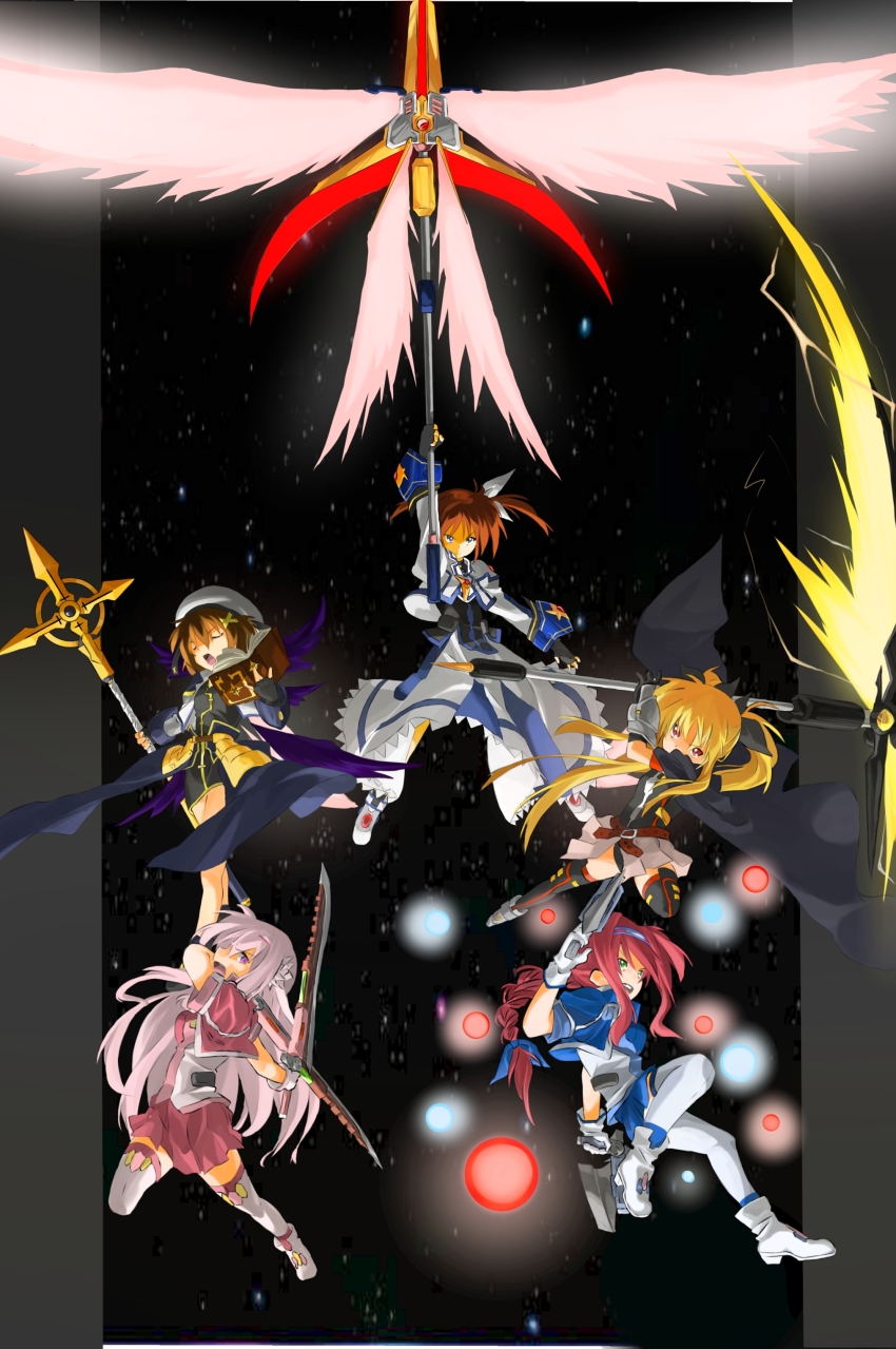 5girls absurdres amitie_florian bardiche_(nanoha) bardiche_(scythe_form)_(nanoha) black_background bygddd5 dual_wielding energy_ball energy_blade fate_testarossa fate_testarossa_(lightning_form)_(2nd) gun highres holding holding_gun holding_scythe holding_staff holding_sword holding_weapon kyrie_florian lyrical_nanoha mahou_shoujo_lyrical_nanoha mahou_shoujo_lyrical_nanoha_a&#039;s mahou_shoujo_lyrical_nanoha_a&#039;s_portable:_the_gears_of_destiny mahou_shoujo_lyrical_nanoha_the_movie_2nd_a&#039;s multiple_girls outside_border raising_heart raising_heart_(exelion_mode)_(2nd) schwertkreuz scythe serious staff sword takamachi_nanoha takamachi_nanoha_(exelion_mode) thighhighs tome_of_the_night_sky twintails variant_zapper weapon wings yagami_hayate