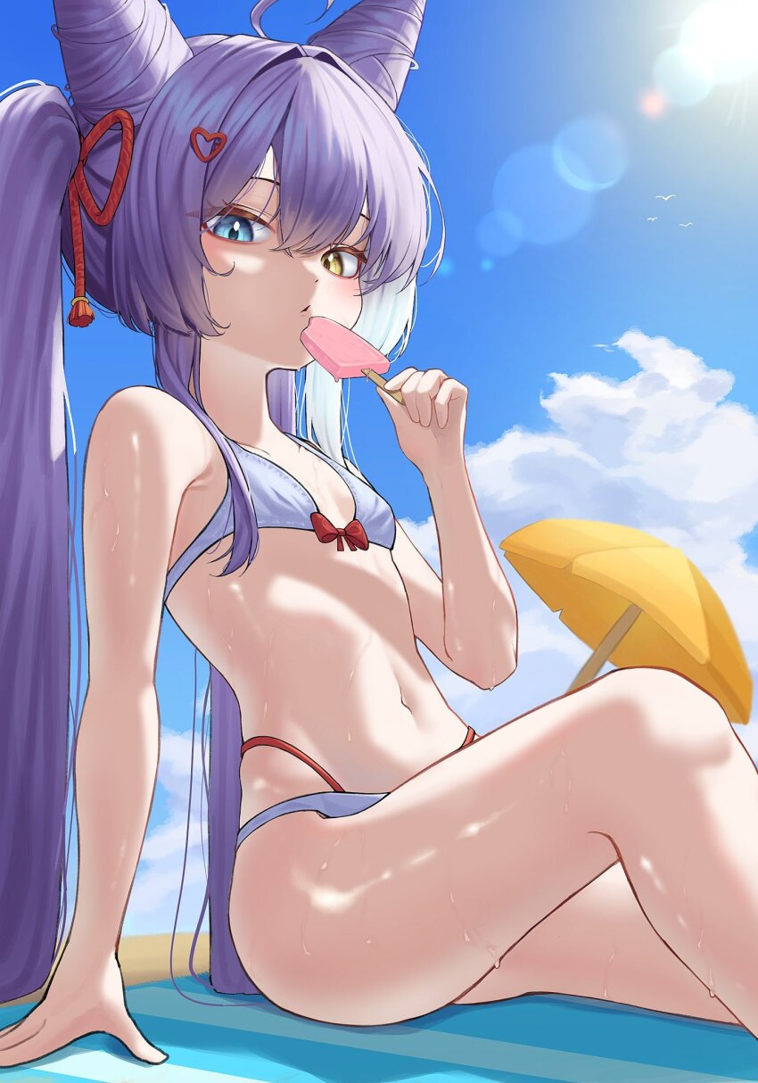 1girl animal_ears bare_shoulders beach_umbrella bikini blue_eyes blue_sky breasts cloud day food hair_between_eyes heterochromia highres holding holding_food holding_popsicle legs long_hair looking_at_viewer navel outdoors popsicle purple_hair sitting sky small_breasts solo stellive stomach swimsuit tenko_shibuki thigh_focus thighs umbrella very_long_hair yellow_eyes