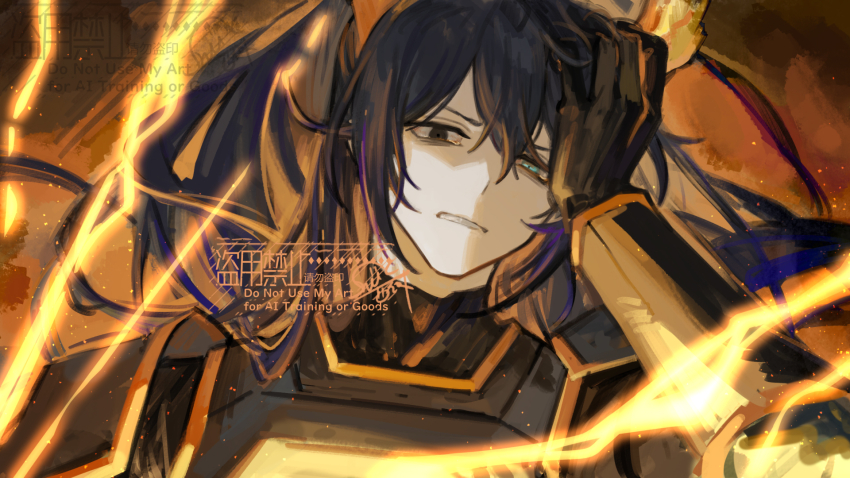 1boy antlers armor black_gloves bloodshot_eyes clenched_teeth furrowed_brow gloves hair_between_eyes hand_on_own_head highres hong_lu_(project_moon) horns limbus_company long_hair male_focus nishikujic orange_theme ponytail portrait project_moon r_corp._(identity)_(project_moon) solo teeth watermark