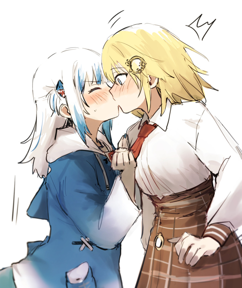 2girls animal_hood blonde_hair blue_eyes blue_hair blue_nails blush closed_eyes clothes_grab fins fish_tail gawr_gura gawr_gura_(1st_costume) grey_hair hair_ornament highres hololive hololive_english hood hood_down kiss looking_at_another medium_hair multicolored_hair multiple_girls nail_polish necktie necktie_grab neckwear_grab shark_hair_ornament shark_hood shark_tail shew_(shew03) short_hair simple_background streaked_hair sweatdrop tail virtual_youtuber watson_amelia watson_amelia_(1st_costume) white_background yuri