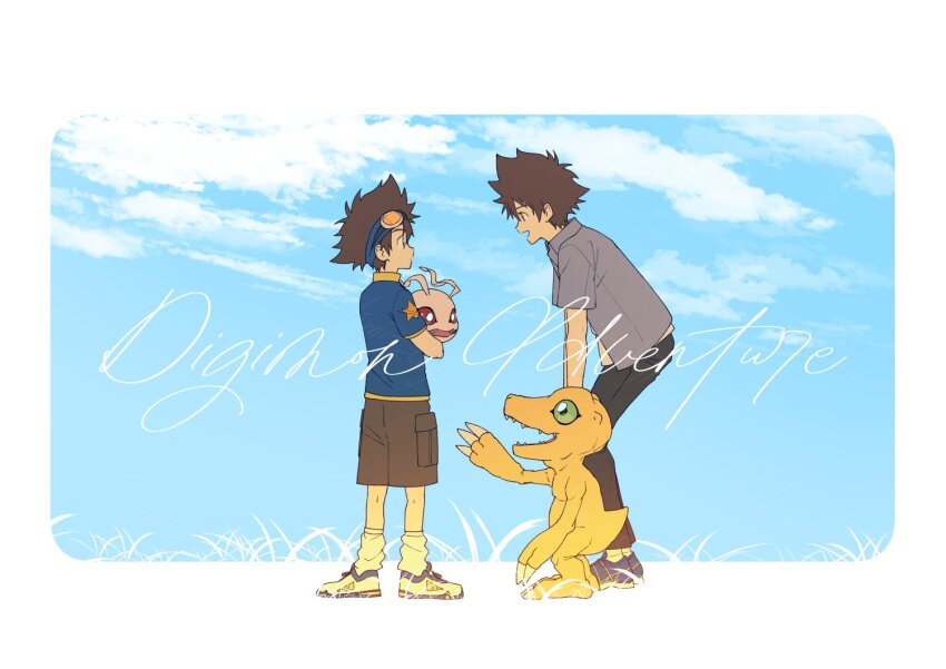 2boys agumon bent_over black_pants blue_headband blue_shirt blue_sky border brown_eyes brown_hair brown_shorts copyright_name digimon digimon_(creature) digimon_adventure from_side full_body goggles goggles_on_head green_eyes grey_shirt group_picture headband holding koromon limit_deji lizard looking_at_another multiple_boys pants profile red_eyes shirt shorts sky standing time_paradox white_border yagami_taichi