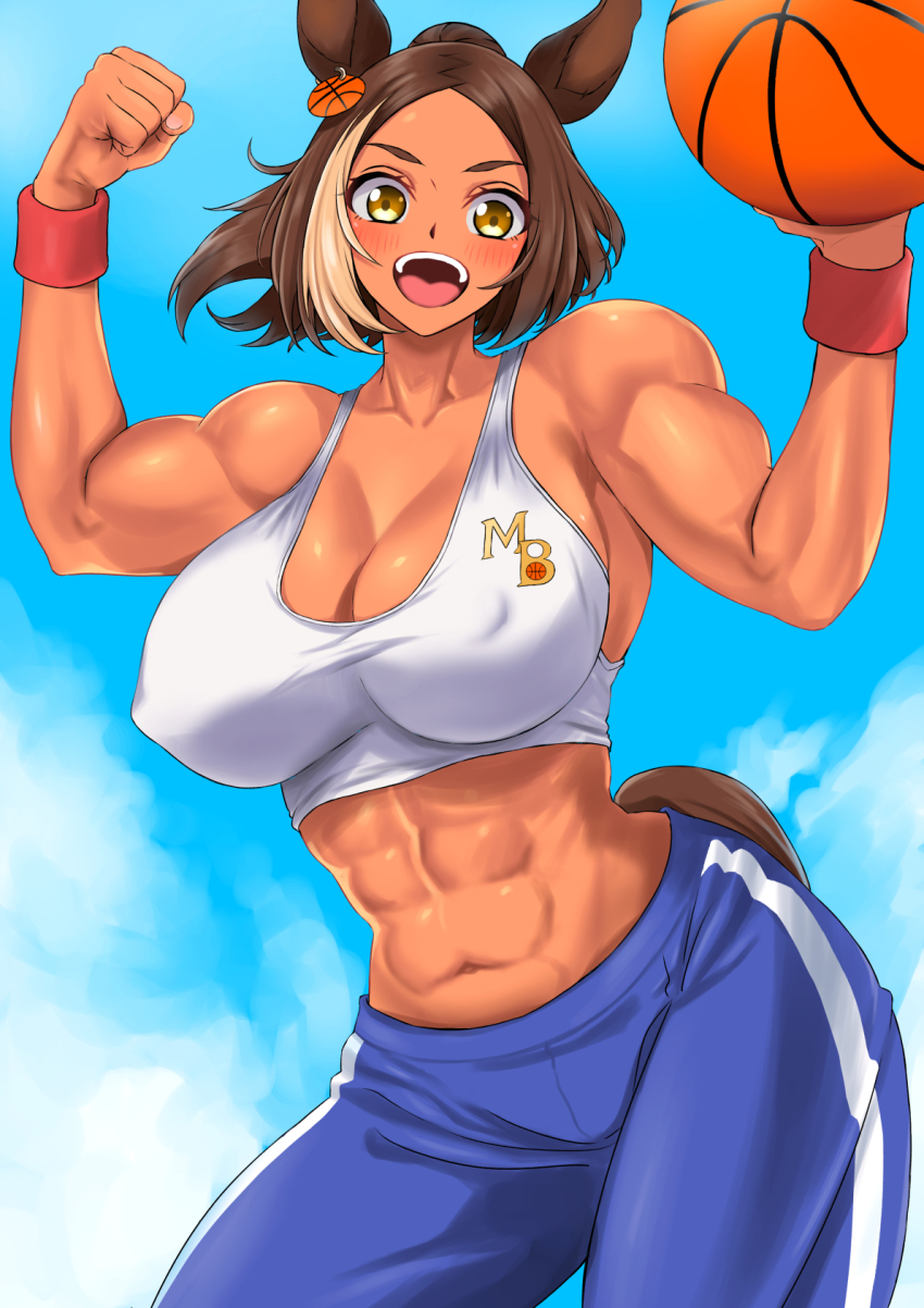 1girl :d abs animal_ears ball bare_shoulders basketball_(object) biceps blonde_hair blue_pants blue_sky breasts brown_eyes cleavage clenched_hand cloud collarbone commentary covered_erect_nipples cowboy_shot dark-skinned_female dark_skin day ear_ornament flexing hakase_yurisuki hands_up highres holding holding_ball horse_ears horse_girl horse_tail large_breasts looking_at_viewer medium_hair michelle_my_baby_(umamusume) midriff multicolored_hair muscular muscular_female navel open_mouth pants parted_bangs ponytail sidelocks sky smile solo sports_bra standing streaked_hair tail teeth track_pants two-tone_hair umamusume umamusume:_cinderella_gray upper_teeth_only white_sports_bra wristband