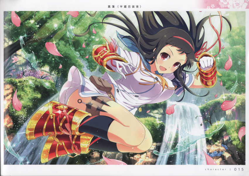 1girl absurdres ayame_(senran_kagura) black_hair blush breasts day hairband highres kunai large_breasts long_hair looking_at_viewer nature official_art open_mouth outdoors page_number petals red_eyes sailor_collar scan school_uniform senran_kagura senran_kagura_new_link short_sleeves simple_background skirt smile socks solo thigh_strap water weapon yaegashi_nan