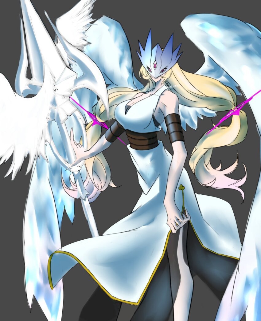 1girl beelstarmon blonde_hair digimon digimon_xros_wars female_focus goddess_(digimon_xros_wars) highres looking_at_viewer solo wings