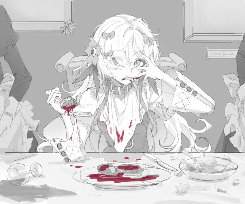 3girls belt_collar bib blood blood_on_face blood_on_hands bow bowl collar commentary cup dining_room drinking_glass dripping empty_eyes fang flower food fork greyscale hair_bow hair_flower hair_ornament hair_over_one_eye hands_up highres holding holding_fork isekaijoucho juliet_sleeves kamitsubaki_studio licking licking_finger long_hair long_sleeves looking_at_viewer maid messy_hair monochrome multiple_girls multiple_hair_bows on_chair open_mouth out_of_frame picture_frame plate puffy_sleeves reverse_grip salad shrug_(clothing) sitting solo_focus spill spot_color steak table tongue tongue_out very_long_hair virtual_youtuber wide_sleeves wine_glass zzzearly