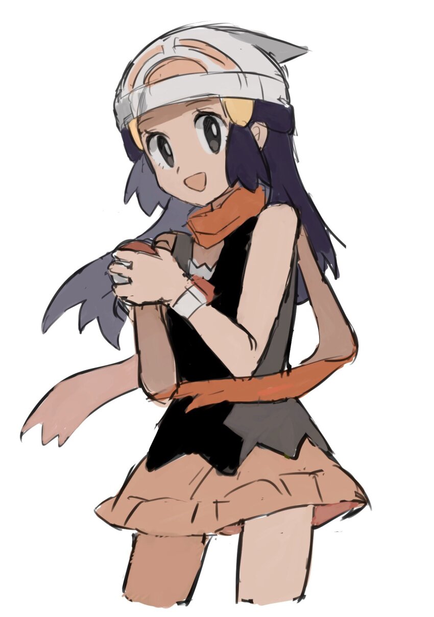 1girl :d beanie black_eyes black_shirt blue_hair cropped_legs dark_blue_hair dawn_(pokemon) hair_ornament half_updo hands_up hat highres holding holding_poke_ball long_hair miniskirt nintendo open_mouth pink_skirt poke_ball poke_ball_(basic) pokemon pokemon_dppt red_scarf scarf shichibee_(stm_mimi) shirt simple_background skirt smile solo white_background white_hat