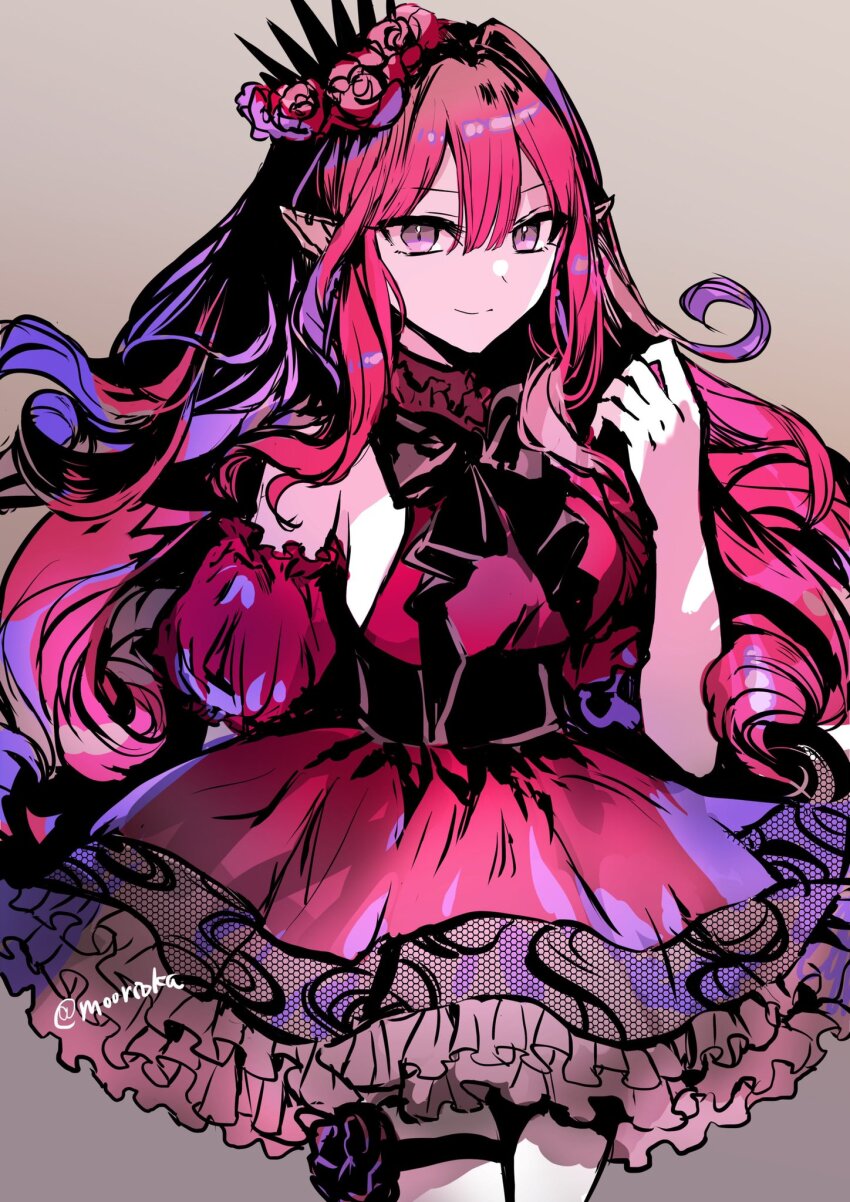 1girl baobhan_sith_(chaldea_satellite_station)_(fate) baobhan_sith_(fate) bare_shoulders black_bow bow breasts dress fate/grand_order fate_(series) flower frilled_dress frills grey_background grey_eyes hair_flower hair_ornament hand_up highres long_hair looking_at_viewer pink_hair red_dress red_flower red_nails rioka_(southern_blue_sky) sidelocks smile solo thigh_strap