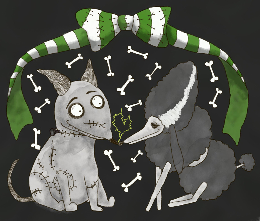 1boy 1girl animal animal_ears animal_nose black_background black_eyes black_fur bone bow disney dog dog_ears dog_nose dog_tail electricity eyelashes feet frankenweenie fur green_bow green_ribbon head highres jack_russel_terrier light lips monster neck neckbolt needle nose persephone_(frankenweenie) poodle ribbon sitting smile sparky_(frankenweenie) stitches tail thick_eyebrows thick_eyelashes thick_thighs thighs tim_burton_(style) white_fur white_trim yuyu