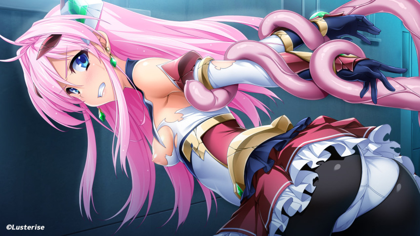 1girl aikawa_haruno armpits ass bare_shoulders bent_over black_gloves black_pantyhose blue_eyes blush breasts clenched_teeth clothes_lift detached_sleeves earrings elbow_gloves exs-tia_ignis frilled_skirt frills from_behind from_side gloves hair_between_eyes hair_intakes hair_ornament imminent_rape indoors jewelry kamitsurugi_ouka kouyoku_senki_exs-tia_concert leaning_forward long_hair looking_at_viewer looking_back magical_girl medium_breasts miniskirt nipples official_art panties panties_under_pantyhose pantyhose pink_hair red_skirt restrained scowl shiny_clothes skirt skirt_lift small_breasts solo teeth tentacles torn_clothes torn_pantyhose turtleneck underwear vambraces white_panties
