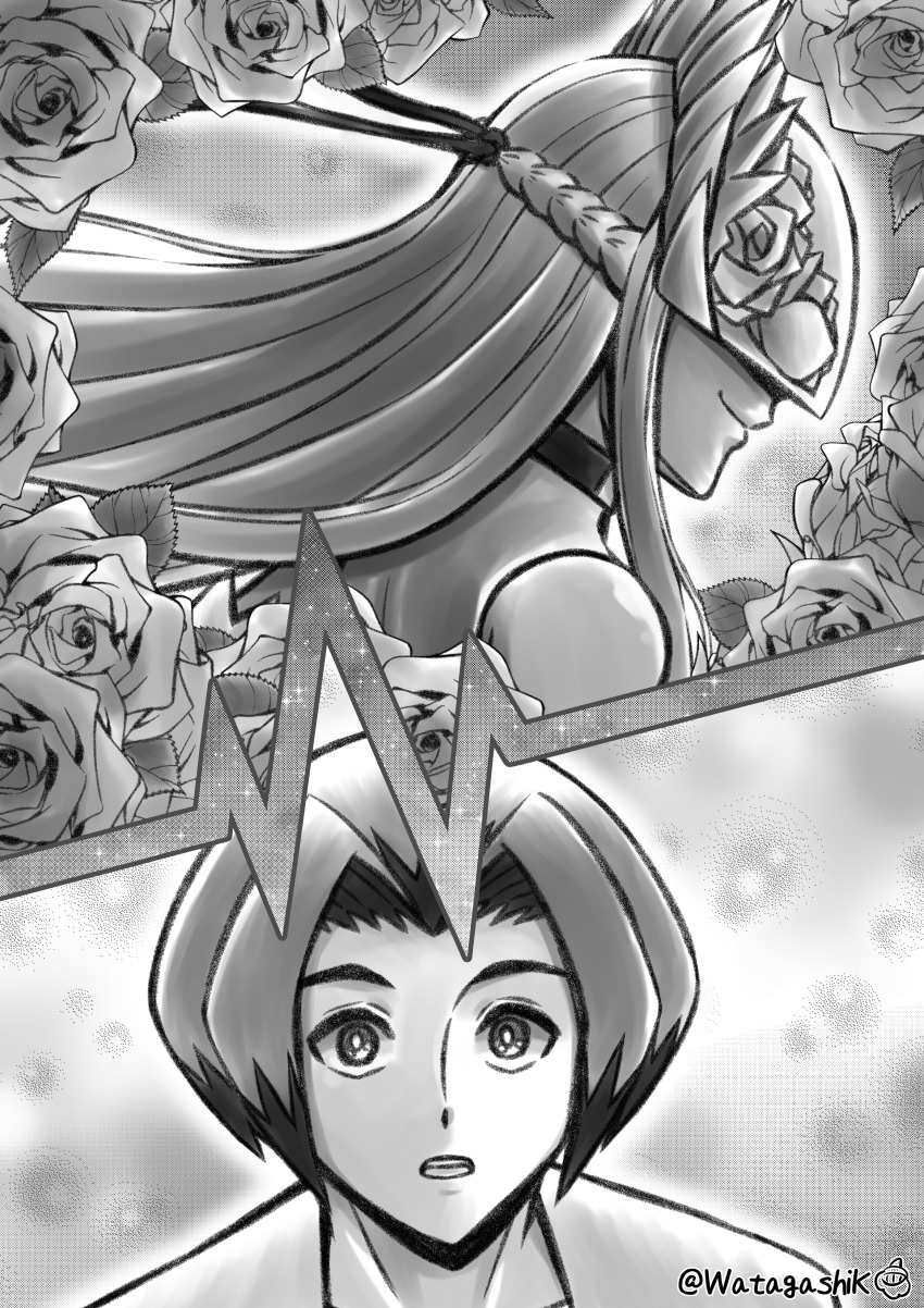 1boy 1girl absurdres cendrillmon digimon digimon_(creature) digimon_liberator flower highres looking_at_another mask watagashikn