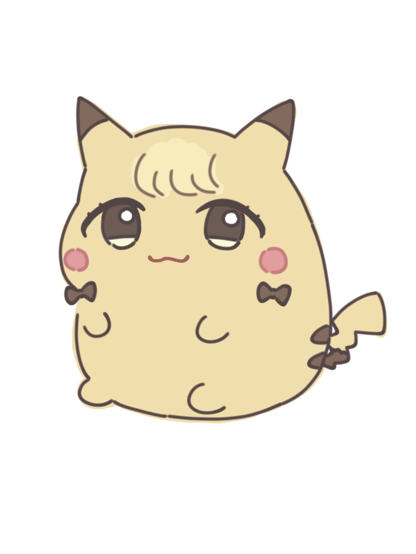 :3 absurdres bow brown_bow closed_mouth commentary_request fujita_kotone fusion gakuen_idolmaster gen_1_pokemon highres idolmaster looking_at_viewer nagi_kai nintendo no_humans pikachu pokemon pokemon_(creature) simple_background smile white_background
