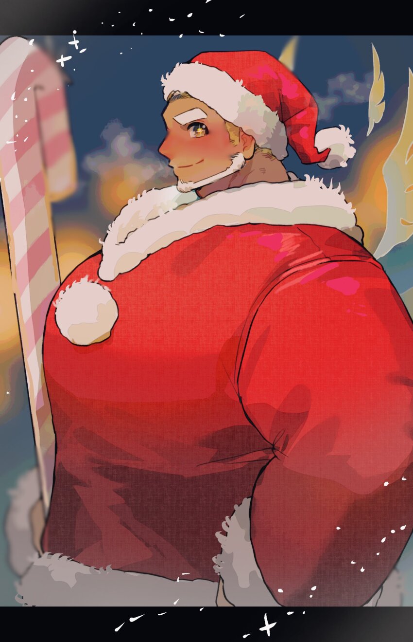 1boy absurdres alternate_costume bara beard blonde_hair blush candy candy_cane character_request cosplay facial_hair food from_side full_beard highres huge_eyebrows huge_pectorals looking_at_viewer male_focus mismatched_eyebrows muscular muscular_male outside_border profile red_nose santa_claus shiratori_yokikana short_hair sideburns_stubble sideways_glance smile solo star-shaped_pupils star_(symbol) stubble symbol-shaped_pupils tareme tokyo_houkago_summoners upper_body