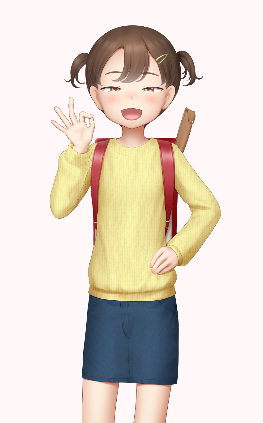 1girl absurdres backpack bag blue_skirt brown_eyes brown_hair cowboy_shot female_focus hair_ornament hairclip hand_on_own_hip highres long_sleeves looking_at_viewer open_mouth original paid_reward_available pink_background randoseru sc_naru shirt short_hair short_twintails simple_background skirt smile solo twintails yellow_shirt