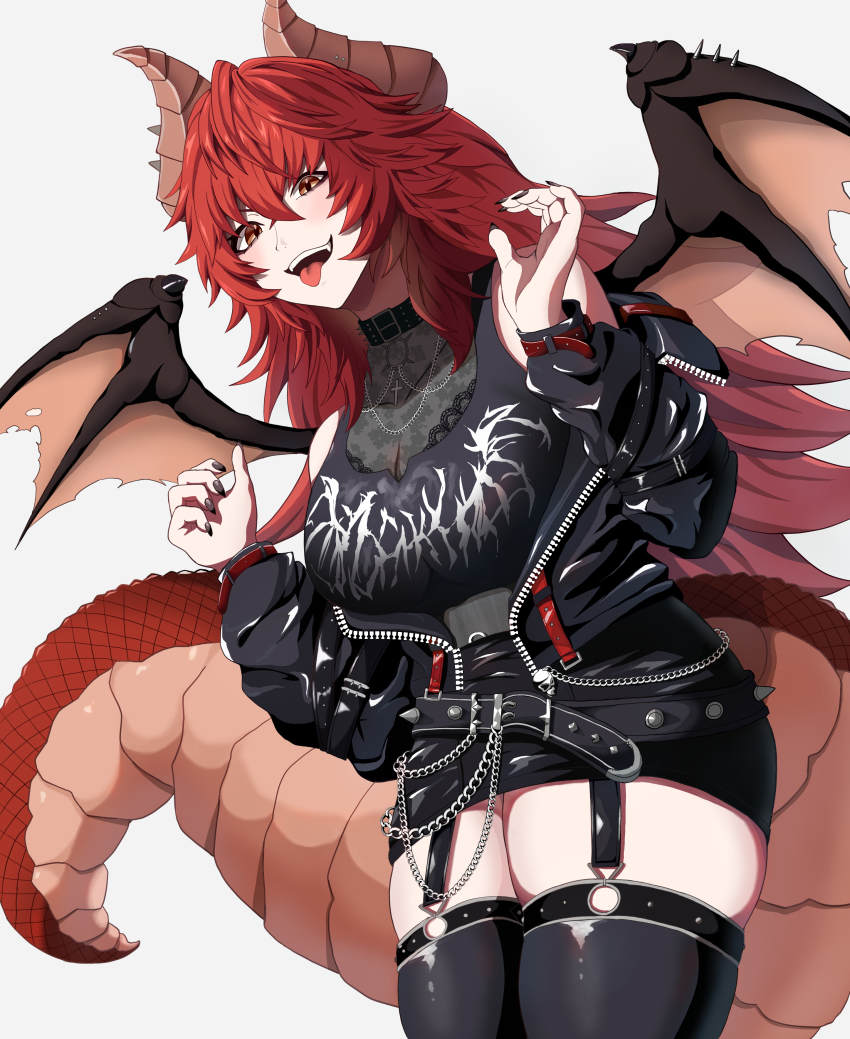 1girl absurdres belt black_belt black_jacket black_nails black_shirt black_skirt black_thighhighs breasts cleavage cropped_shirt dragon_girl dragon_horns dragon_tail dragon_wings highres horns jacket large_breasts long_hair looking_at_viewer meibin nail_polish open_mouth red_hair shirt skirt smile spiked_belt tail thighhighs tongue tongue_out virtual_youtuber vshojo white_background wings yellow_eyes zentreya zentreya_(dragon) zentreya_(dragon)_(metalheads) zentreya_(dragon)_(metalheads)