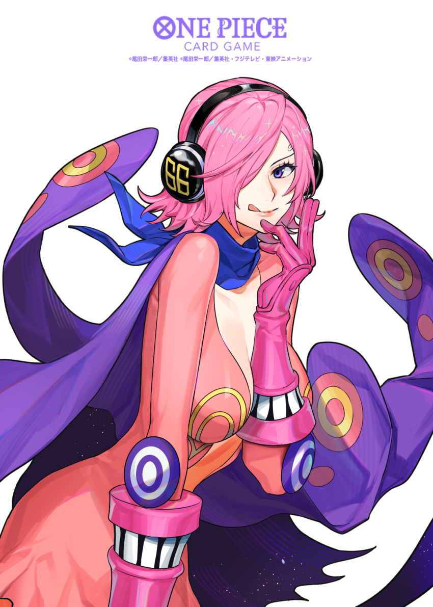 1girl blue_neckerchief commentary_request copyright_name curly_eyebrows dress eyelashes floating_clothes gloves hair_over_one_eye headphones highres looking_at_viewer medium_hair neckerchief official_art one_piece one_piece_card_game pink_dress pink_gloves pink_hair plunging_neckline purple_eyes simple_background smile solo sunohara_(encount) vinsmoke_reiju white_background