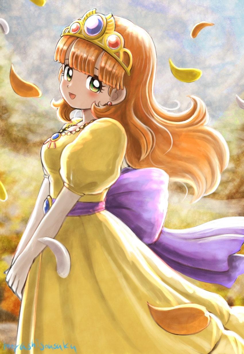 1girl back_ribbon blunt_bangs blurry blurry_background blush commentary dragon_quest dragon_quest_i dress earrings elbow_gloves falling_petals from_side gloves gold_tiara green_eyes highres jewelry long_dress long_hair looking_at_viewer moyapippi necklace open_mouth orange_hair petals princess_laura puffy_short_sleeves puffy_sleeves purple_ribbon purple_sash ribbon sash short_sleeves solo standing white_gloves yellow_dress