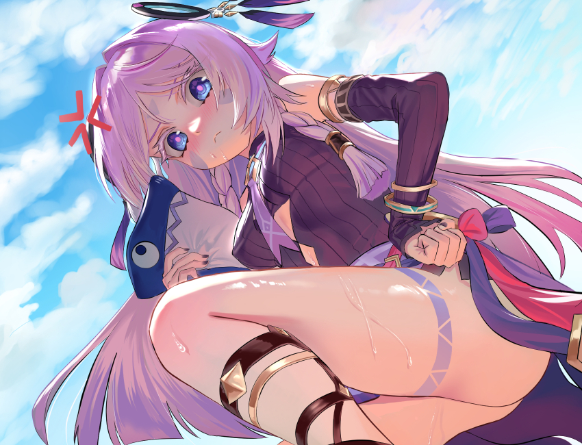 1girl anger_vein annoyed ass bare_shoulders blue_eyes blush breasts bridal_gauntlets citlali_(genshin_impact) from_below genshin_impact hair_ornament hair_rings haoma highres legs leotard long_hair looking_at_viewer pink_hair sarong solo sweat thighs very_long_hair