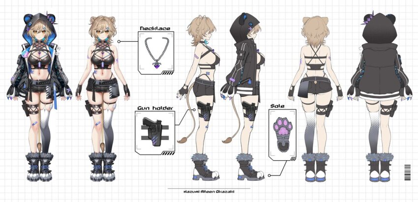 1girl animal_ears bare_arms bare_shoulders belt black_choker black_jacket black_shirt black_shorts boots breasts brown_hair choker cleavage crop_top full_body fur_trim gomashio_ponz hazumi_aileen highleg indie_virtual_youtuber jacket large_breasts lion_ears lion_girl lion_tail looking_at_viewer medium_hair midriff mole mole_on_breast multi-strapped_shirt multiple_views navel no_jacket open_clothes open_jacket panty_straps paw_shoes reference_sheet second-party_source shirt short_shorts shorts simple_background single_thighhigh skindentation sleeveless sleeveless_shirt spaghetti_strap standing stomach tachi-e tail thigh_strap thighhighs thighs virtual_youtuber white_background yellow_eyes