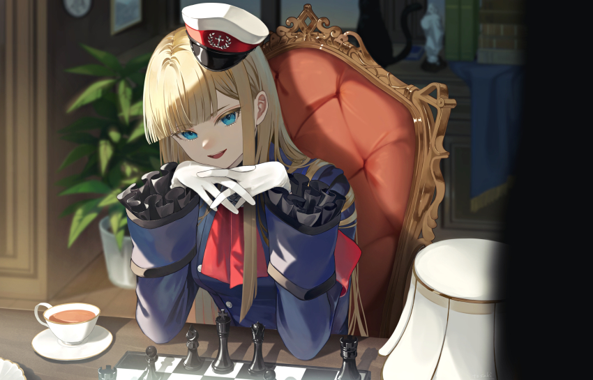 1girl aqua_eyes armband blonde_hair blue_jacket breasts chess_piece chessboard cup fate/grand_order fate_(series) gloves hat highres jacket lamp long_hair long_sleeves looking_at_viewer lord_el-melloi_ii_case_files neck_ribbon open_mouth peaked_cap red_ribbon reines_el-melloi_archisorte ribbon sidelocks small_breasts smile solo tea teacup tilted_headwear tobi_(pixiv41237754) white_gloves white_hat
