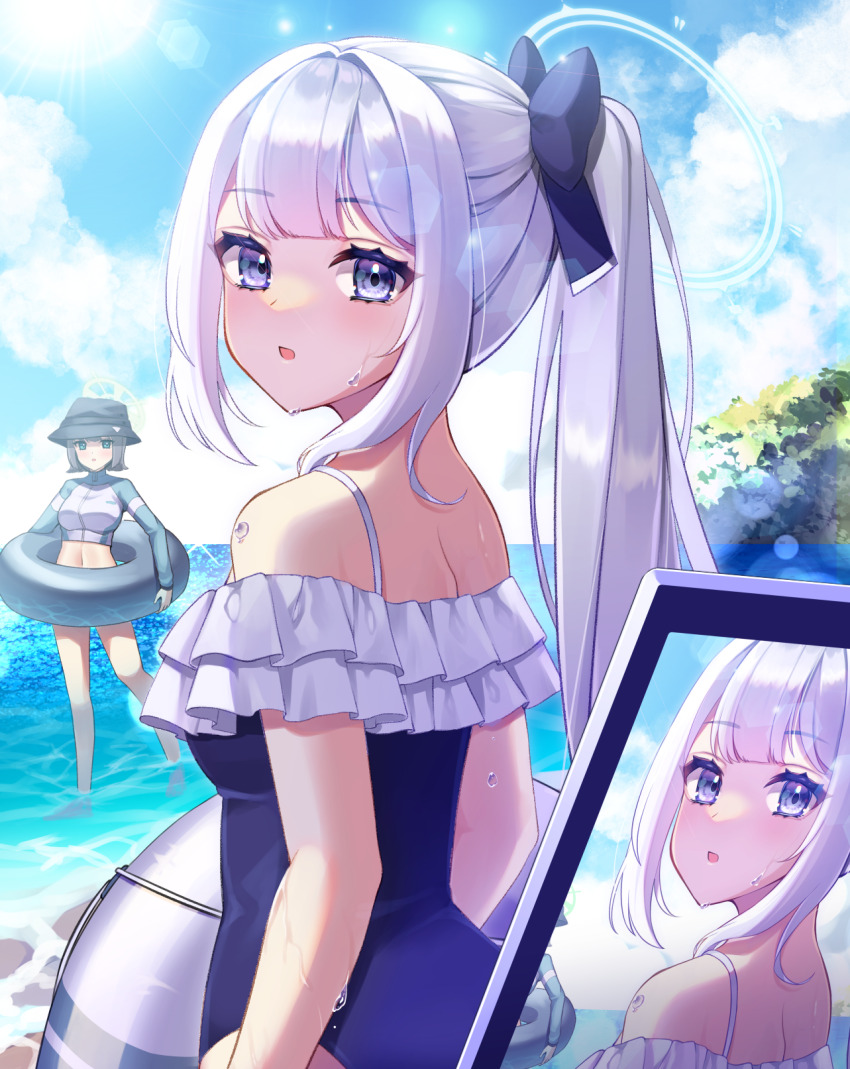 2girls aqua_eyes barefoot beach black_hat blue_archive blue_halo blue_sky blurry bokeh bow breasts brown_hair cloud commentary_request depth_of_field ewokaku335 frilled_one-piece_swimsuit frills hair_bow halo hat highres innertube looking_at_viewer miyako_(blue_archive) miyako_(swimsuit)_(blue_archive) multiple_girls ocean one-piece_swimsuit partial_commentary ponytail purple_bow purple_eyes purple_one-piece_swimsuit saki_(blue_archive) saki_(swimsuit)_(blue_archive) sky solo_focus sun swim_ring swimsuit water wet white_hair
