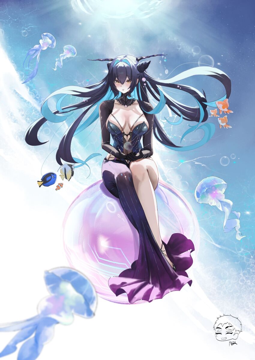 1girl absurdres breasts clownfish colored_inner_hair danny_marx dress fish goddess_of_victory:_nikke hair_intakes highres jellyfish large_breasts little_mermaid_(abyss_flower)_(nikke) little_mermaid_(nikke) long_hair multicolored_hair official_alternate_costume solo tropical_fish yellow_eyes