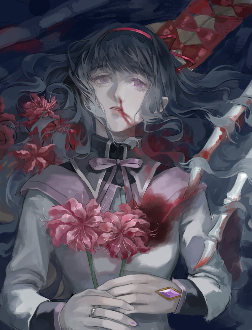 1girl absurdres akemi_homura akemi_homura_(magical_girl) black_capelet black_hair blood bow bowtie capelet collared_capelet disembodied_hand dress flower gem hair_ribbon hair_spread_out hairband hand_jewel high_collar highres holding holding_flower jewelry layered_sleeves long_hair long_sleeves looking_at_viewer lying magical_girl mahou_shoujo_madoka_magica mahou_shoujo_madoka_magica_(anime) nosebleed on_back parted_lips pink_flower pink_lips purple_bow purple_bowtie purple_capelet purple_eyes purple_gemstone red_hairband red_ribbon ribbon ring skeletal_hand solo spider_lily two-tone_capelet upper_body wavy_hair white_dress yuan_a_zi_a