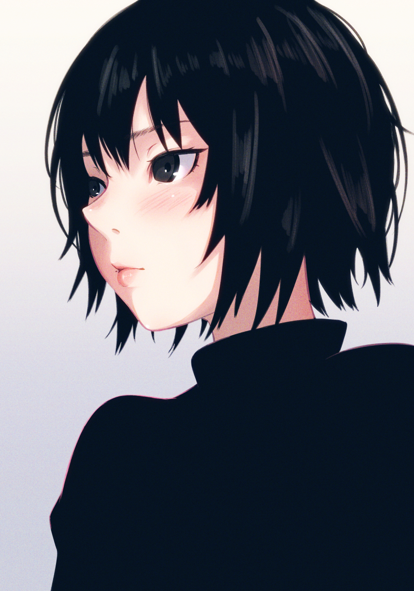 1girl absurdres amagami black_eyes black_hair black_sweater blush close-up closed_mouth commentary expressionless eyelashes film_grain from_side gradient_background grey_background hair_between_eyes highres looking_afar looking_ahead nanasaki_ai nose oshizu pink_lips portrait short_hair solo sweater turtleneck turtleneck_sweater very_long_sleeves white_background
