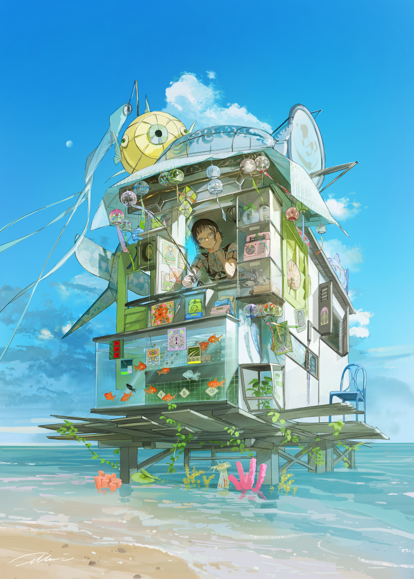 1girl absurdres adjusting_eyewear antique_phone beach blue_eyes blue_sky brown_hair chair closed_mouth cloud commentary coral_reef day elbow_rest fish fishing_rod glasses goldfish hand_fan head_rest highres holding holding_fishing_rod illumi999 kite looking_at_viewer ocean original short_hair signature sky solo stilt_house symbol-only_commentary wind_chime