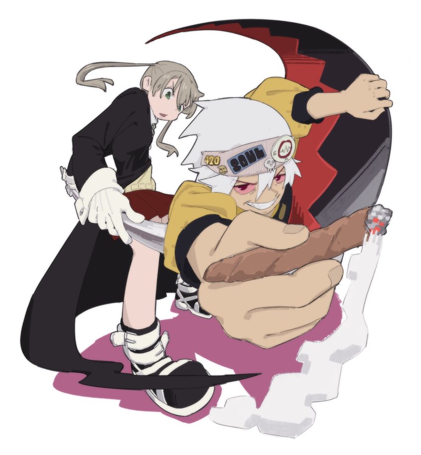 1boy 1girl absurdres black_coat blonde_hair bloodshot_eyes bow brown_cardigan cardigan coat commentary english_commentary floating_hair fubarmoe gloves green_eyes hair_bow headband highres holding holding_scythe long_sleeves looking_at_viewer maka_albarn marijuana medium_hair outstretched_arm pleated_skirt reaching reaching_towards_viewer red_eyes red_skirt scythe shadow simple_background skirt smoke soul_eater soul_evans stoned twintails white_background white_gloves white_hair