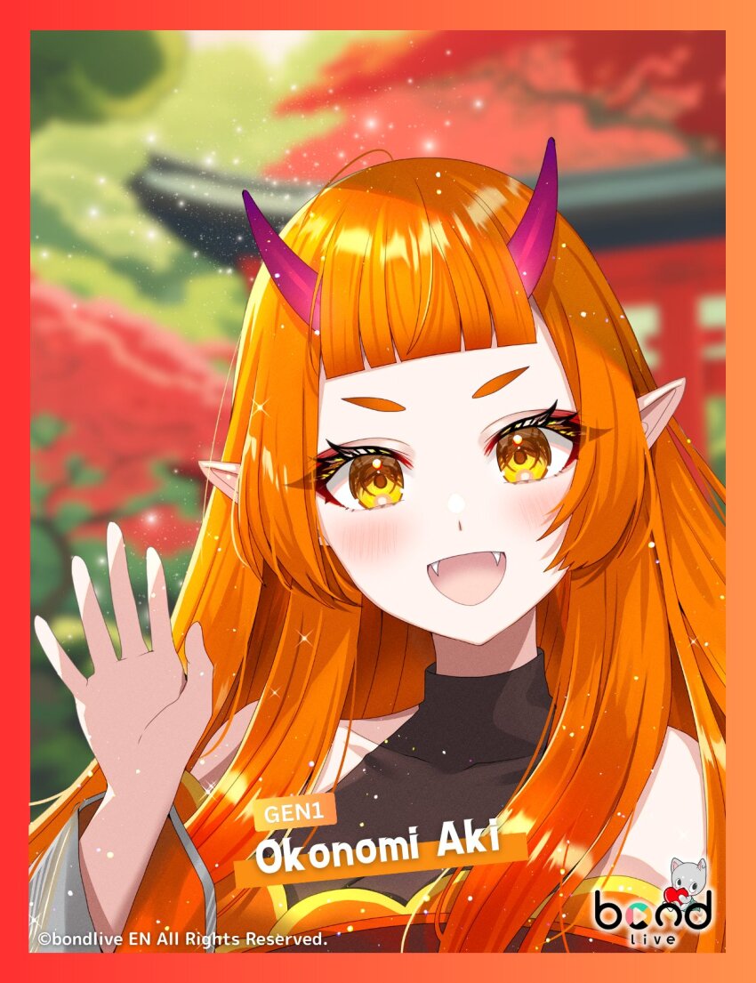 1girl :d blurry blurry_background blush bond_en bondlive character_name commentary copyright_notice english_commentary fangs highres horns logo looking_at_viewer official_art okonomi_aki open_mouth orange_hair pointy_ears second-party_source shione_(memento_forest) smile solo v-shaped_eyebrows virtual_youtuber wide_sleeves yellow_eyes