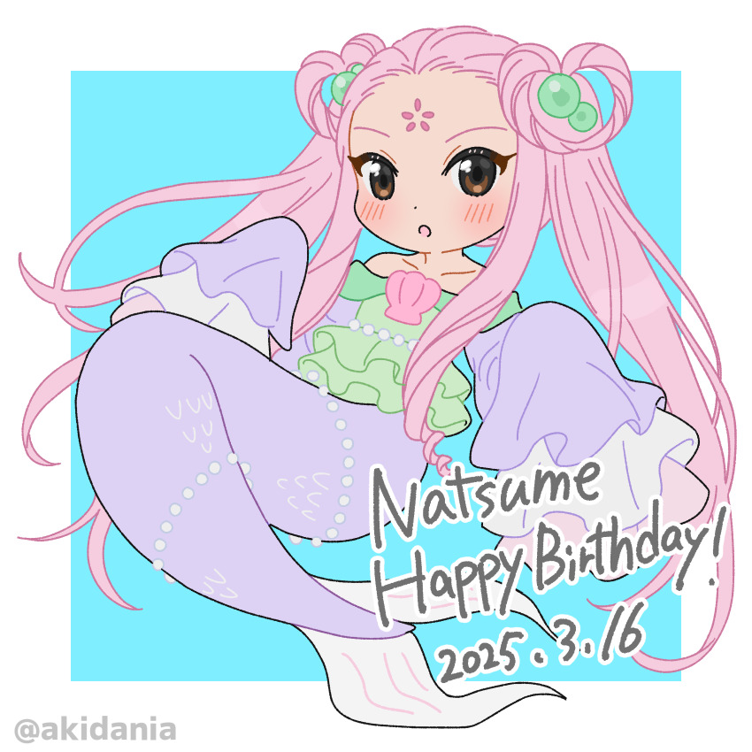 :o absurdres blush brown_eyes collarbone dated drill_hair drill_sidelocks facial_mark forehead_mark galaxy_angel galaxy_angel_rune happy_birthday highres izayoi_natsume kitaru long_hair long_sidelocks long_sleeves mermaid monster_girl off_shoulder pink_hair sidelocks twintails twitter_username