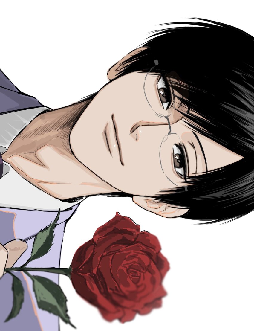 1boy adam&#039;s_apple black_hair blue_jacket brown_eyes close-up closed_mouth collared_jacket collared_shirt flower glasses hatching_(texture) highres holding holding_flower jacket light_smile looking_at_viewer male_focus ootori_kyouya ouran_high_school_host_club red_flower red_rose rose shirt short_hair sideways simple_background solo sso_s straight_hair swept_bangs white_background white_shirt