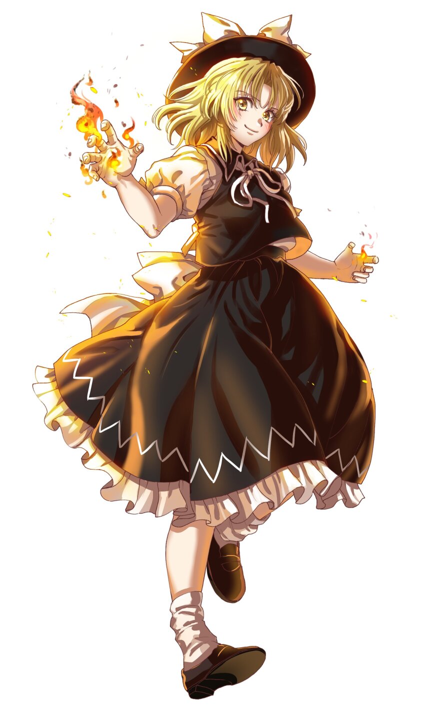1girl absurdres ankle_socks back_bow blonde_hair bow brown_hat brown_shoes brown_skirt brown_vest collared_shirt commentary_request fedora fire full_body hat hat_bow highres kuya_(hey36253625) medium_hair neck_ribbon parted_bangs puffy_sleeves ribbon shirt shoe_soles shoes simple_background skirt socks solo standing touhou touhou_(pc-98) vest waist_bow white_background white_bow white_ribbon white_shirt white_socks yellow_eyes yuki_(touhou)