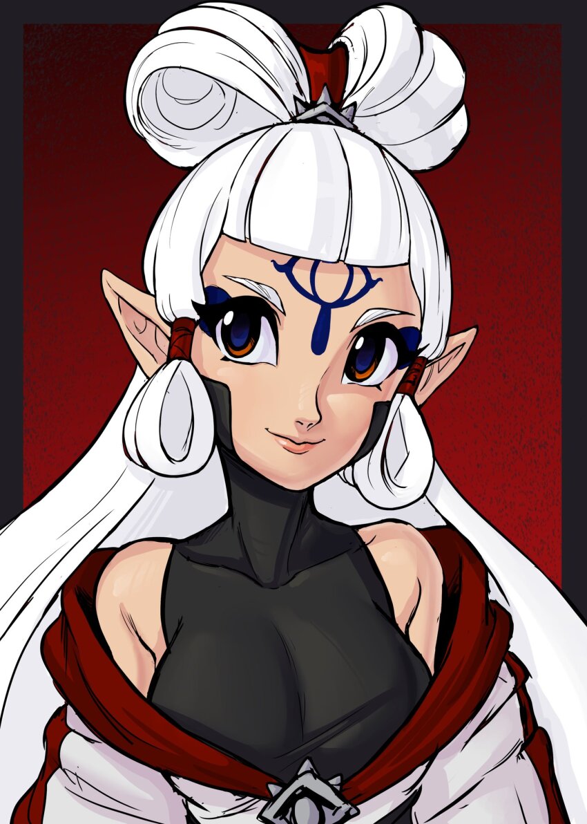 bare_shoulders bodystocking breasts brown_hair cleavage facial_tattoo hair_bun hair_ornament hair_rings highres hyrule_warriors:_age_of_calamity impa nintendo pointy_ears sheikah skin_tight straight_hair tattoo teevo the_legend_of_zelda the_legend_of_zelda:_breath_of_the_wild white_hair