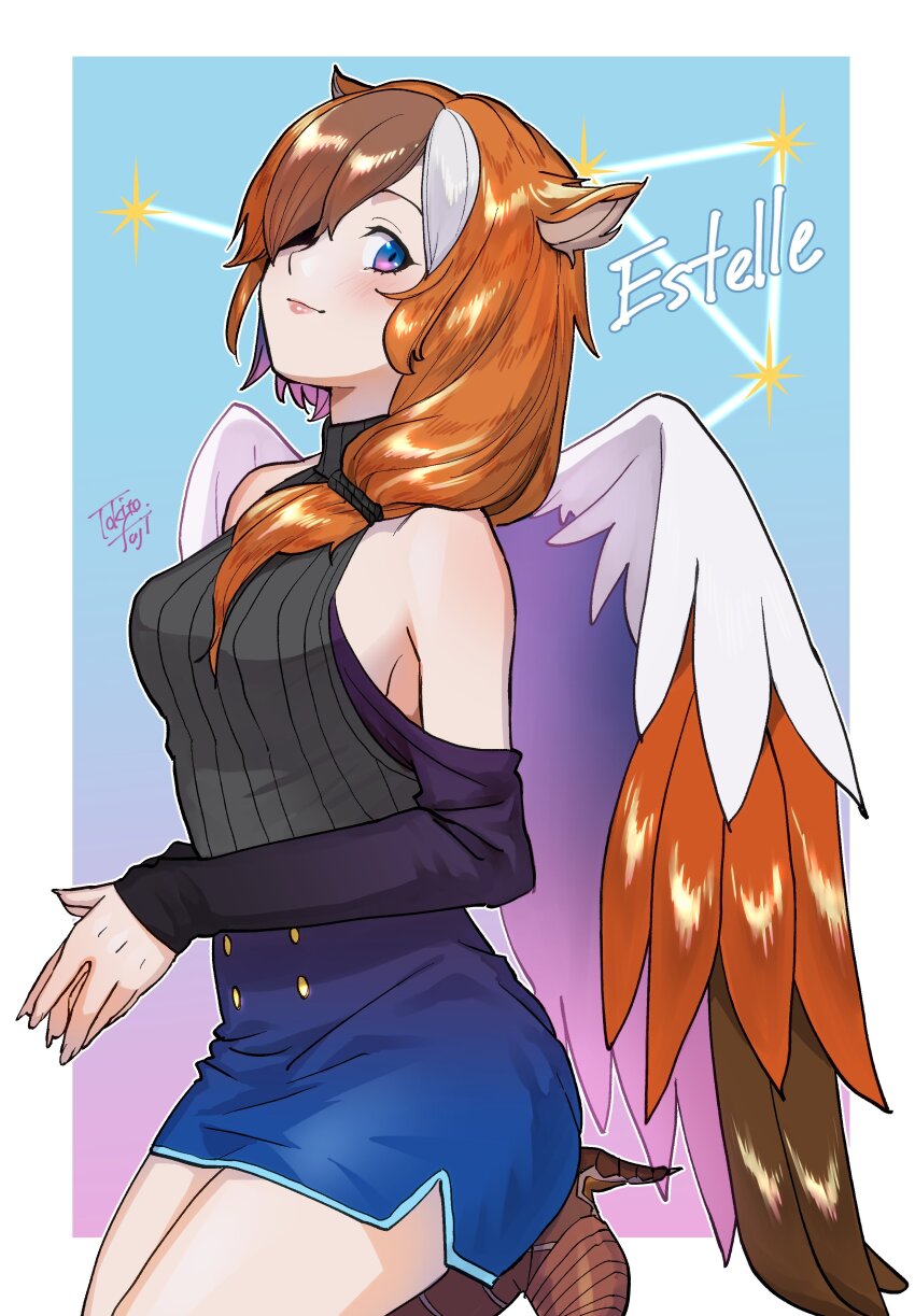 1girl absurdres animal_ears animal_feet artist_name bare_shoulders bird_legs bird_wings black_sweater blue_background blue_eyes blue_skirt brown_hair brown_wings claws closed_mouth clothing_cutout colored_inner_hair commission estelle_(cieluscian) feathered_wings gradient_background hair_over_one_eye hair_over_shoulder hands_up harpy high-waist_skirt highres kneeling long_hair long_sleeves looking_at_viewer low-tied_long_hair miniskirt monster_girl multicolored_eyes multicolored_hair one_eye_covered original own_hands_together pink_eyes purple_background purple_hair purple_wings second-party_source shirt shoulder_cutout skeb_commission skirt sleeveless smile solo streaked_hair sweater tokitou_fuji turtleneck turtleneck_sweater white_shirt white_wings wings
