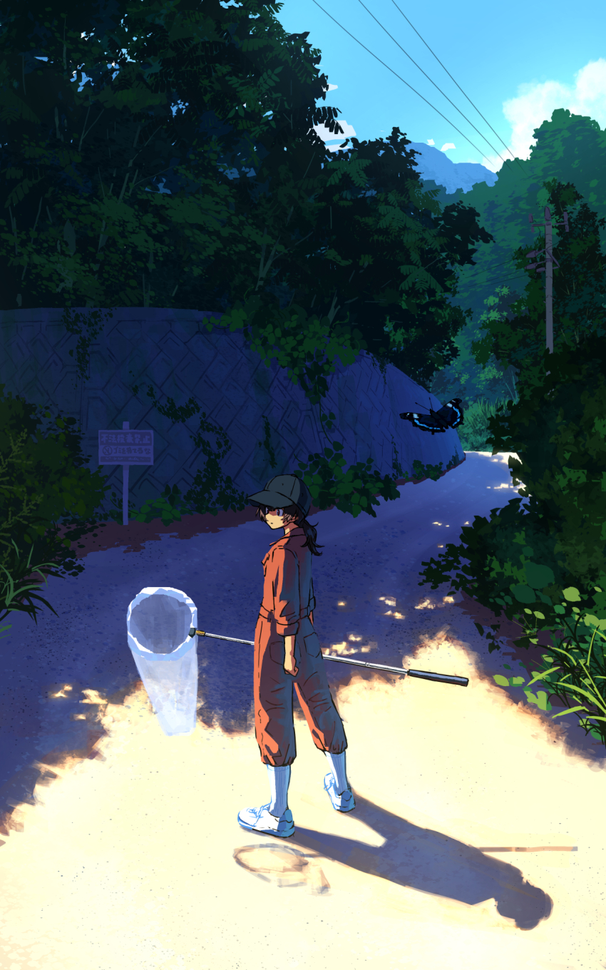1girl baseball_cap black_hat bug butterfly_net commentary day grass hand_net hat highres holding holding_butterfly_net jumpsuit natsuno_kanasemi orange_jumpsuit original outdoors power_lines road road_sign scenery sign solo standing summer translation_request utility_pole wide_shot