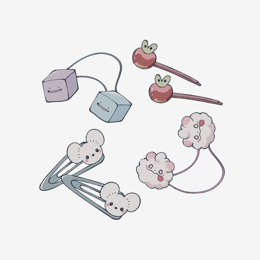 alternate_color appletun black_eyes blush_stickers creatures_(company) ditto game_freak gen_1_pokemon gen_6_pokemon gen_8_pokemon hair_ornament hairpin highres nintendo no_humans object_focus open_mouth pokemon shiny_pokemon smile smprfms swirlix tandemaus tongue tongue_out white_background