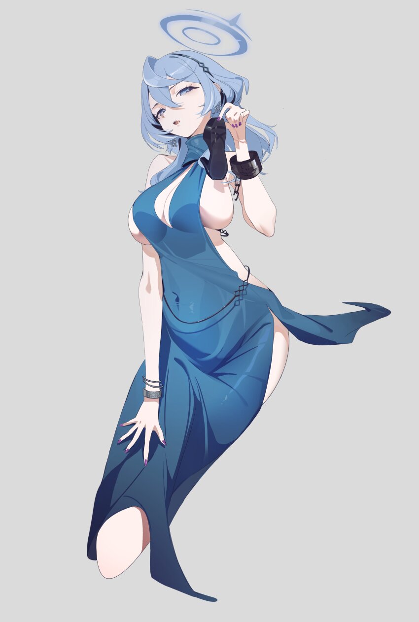 1girl absurdres ako_(blue_archive) ako_(dress)_(blue_archive) bare_shoulders black_shoes blue_archive blue_dress blue_eyes blue_hair blue_halo bracelet breasts cleavage covered_navel cuffs dress earrings evening_gown grey_background hairband halo hand_on_own_leg highres holding_shoes jewelry large_breasts long_hair multiple_bracelets nail_polish official_alternate_costume open_mouth plunging_neckline purple_nails shackles shoes shuishi_tidu side_slit sideboob solo unworn_shoes