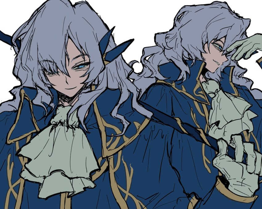 1boy anzekeye argalia_(project_moon) ascot blue_coat closed_mouth coat gloves gold_trim grey_hair hand_up highres library_of_ruina long_hair long_sleeves looking_at_viewer multiple_views narrowed_eyes project_moon smile very_long_hair wavy_hair white_ascot white_gloves