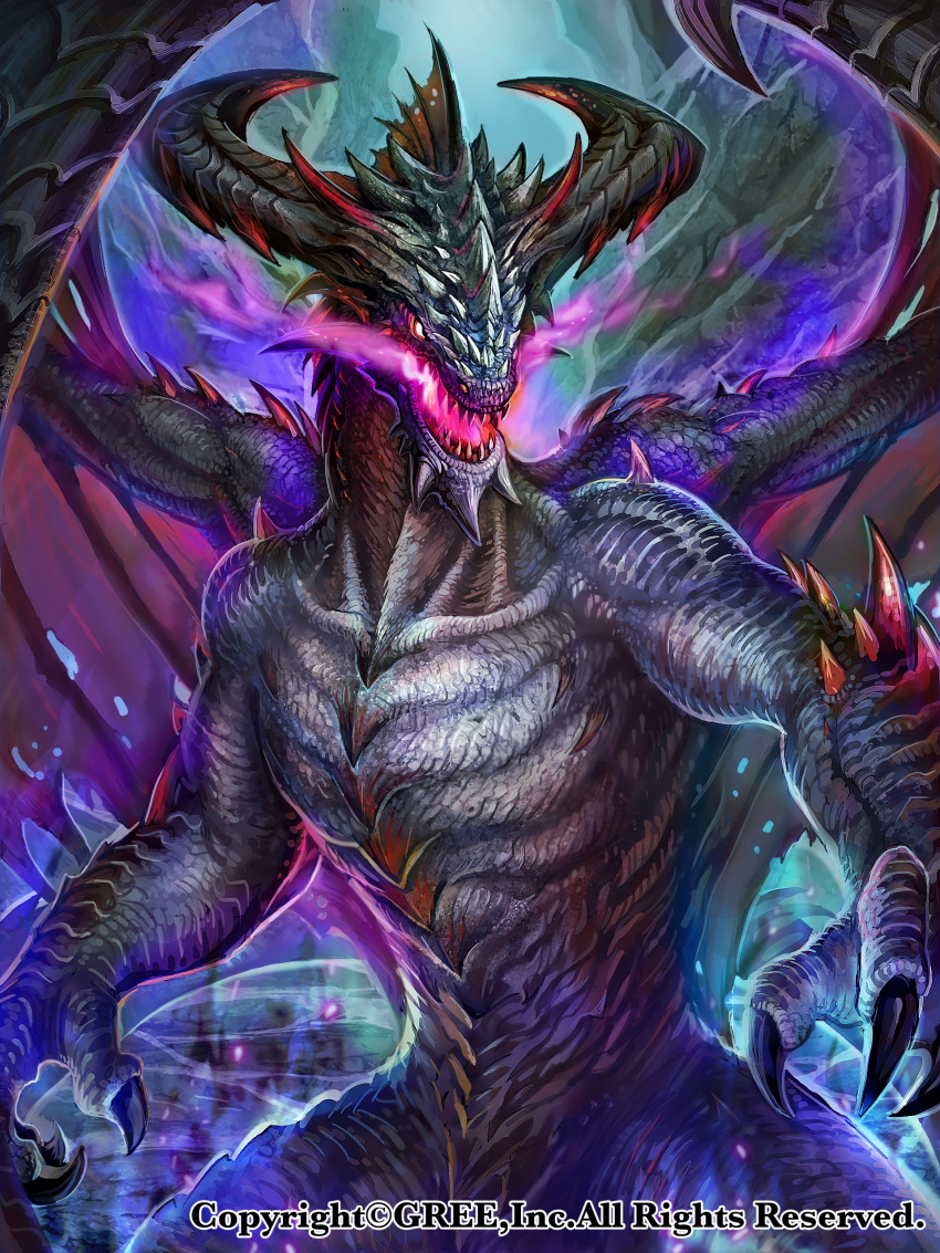 absurdres breath_weapon breathing_fire claws commentary dragon fire glowing glowing_eyes highres horns monster no_humans official_art outdoors seisen_cerberus spread_wings watermark z.dk