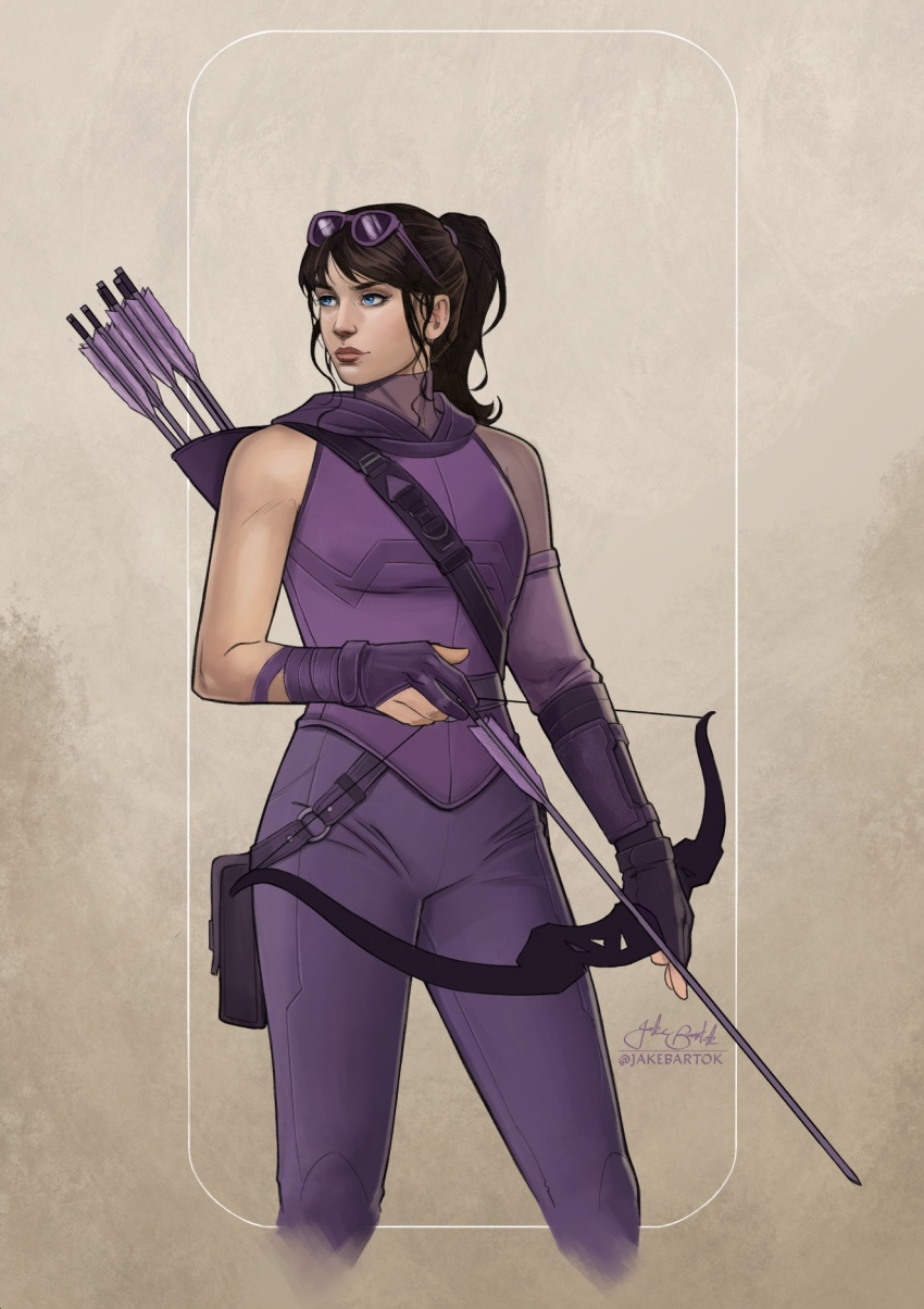 1girl artist_name black_hair blue_eyes bow_(weapon) brown_background eyewear_on_head gloves hawkeye_(marvel) highres holding holding_bow_(weapon) holding_weapon jacket jr_bartok kate_bishop looking_to_the_side marvel pants partially_fingerless_gloves pouch purple-framed_eyewear purple-tinted_eyewear purple_gloves purple_jacket purple_pants quiver signature sleeveless sleeveless_jacket solo sunglasses thigh_pouch tinted_eyewear weapon